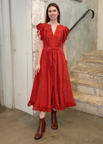 Olga Water Washed Eyelet Poplin Flutter Sleeve Midi Dress in Claret