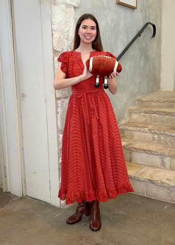 Olga Water Washed Eyelet Poplin Flutter Sleeve Midi Dress in Claret