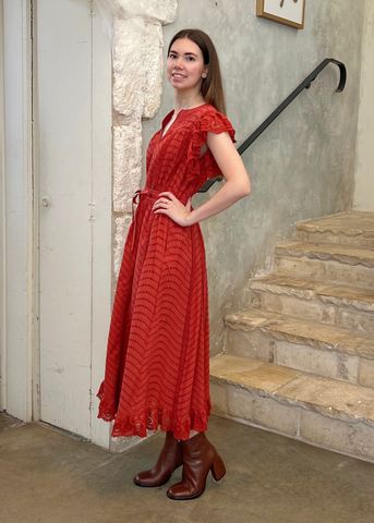 Olga Water Washed Eyelet Poplin Flutter Sleeve Midi Dress in Claret