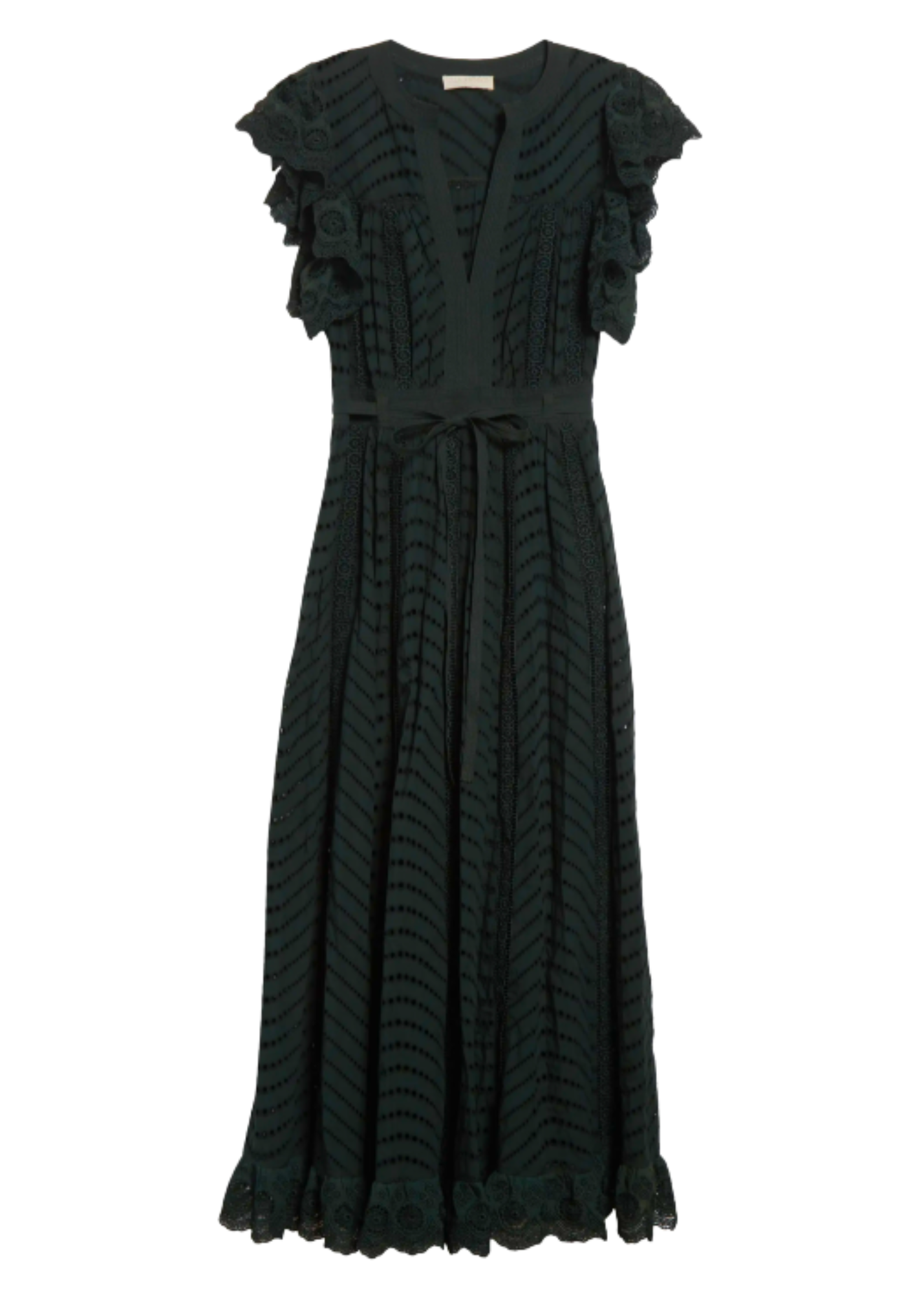 Olga Water Washed Eyelet Poplin Flutter Sleeve Midi Dress in Cypress