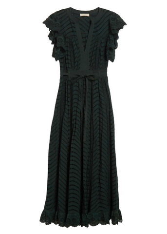 Olga Water Washed Eyelet Poplin Flutter Sleeve Midi Dress in Cypress