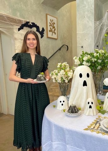 Olga Water Washed Eyelet Poplin Flutter Sleeve Midi Dress in Cypress