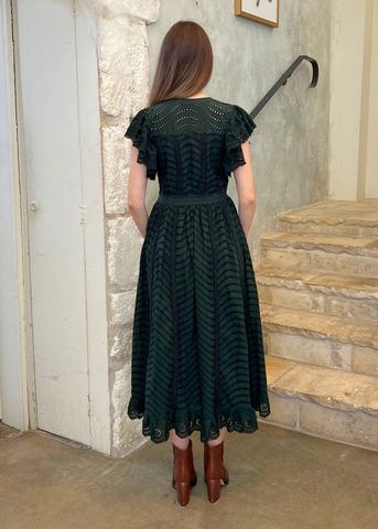 Olga Water Washed Eyelet Poplin Flutter Sleeve Midi Dress in Cypress