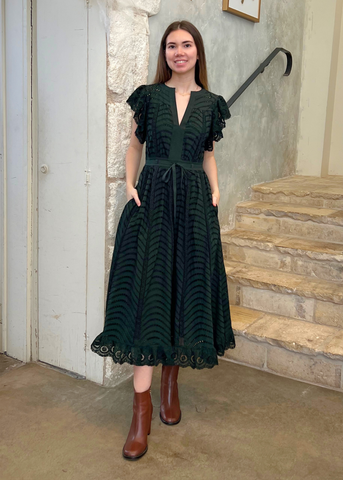 Olga Water Washed Eyelet Poplin Flutter Sleeve Midi Dress in Cypress