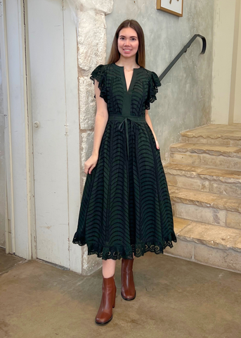 Olga Water Washed Eyelet Poplin Flutter Sleeve Midi Dress in Cypress