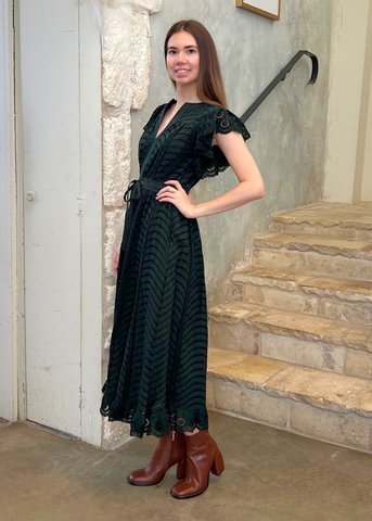 Olga Water Washed Eyelet Poplin Flutter Sleeve Midi Dress in Cypress