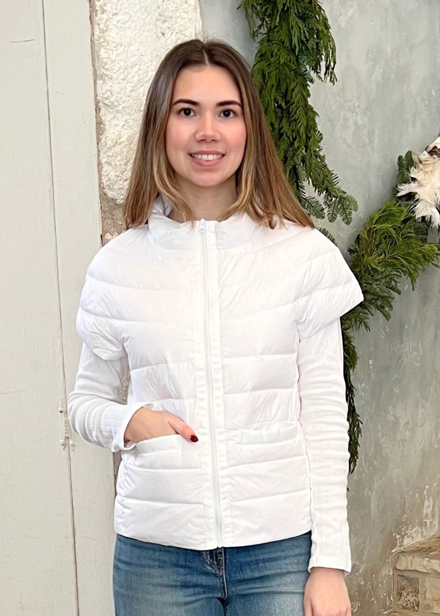 Palm Beach Cap Sleeve Puffer Vest in Bright White