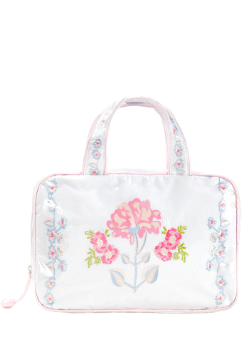 Peony Embroidered Double Handle Cosmetic Bag with Pink Satin Trim