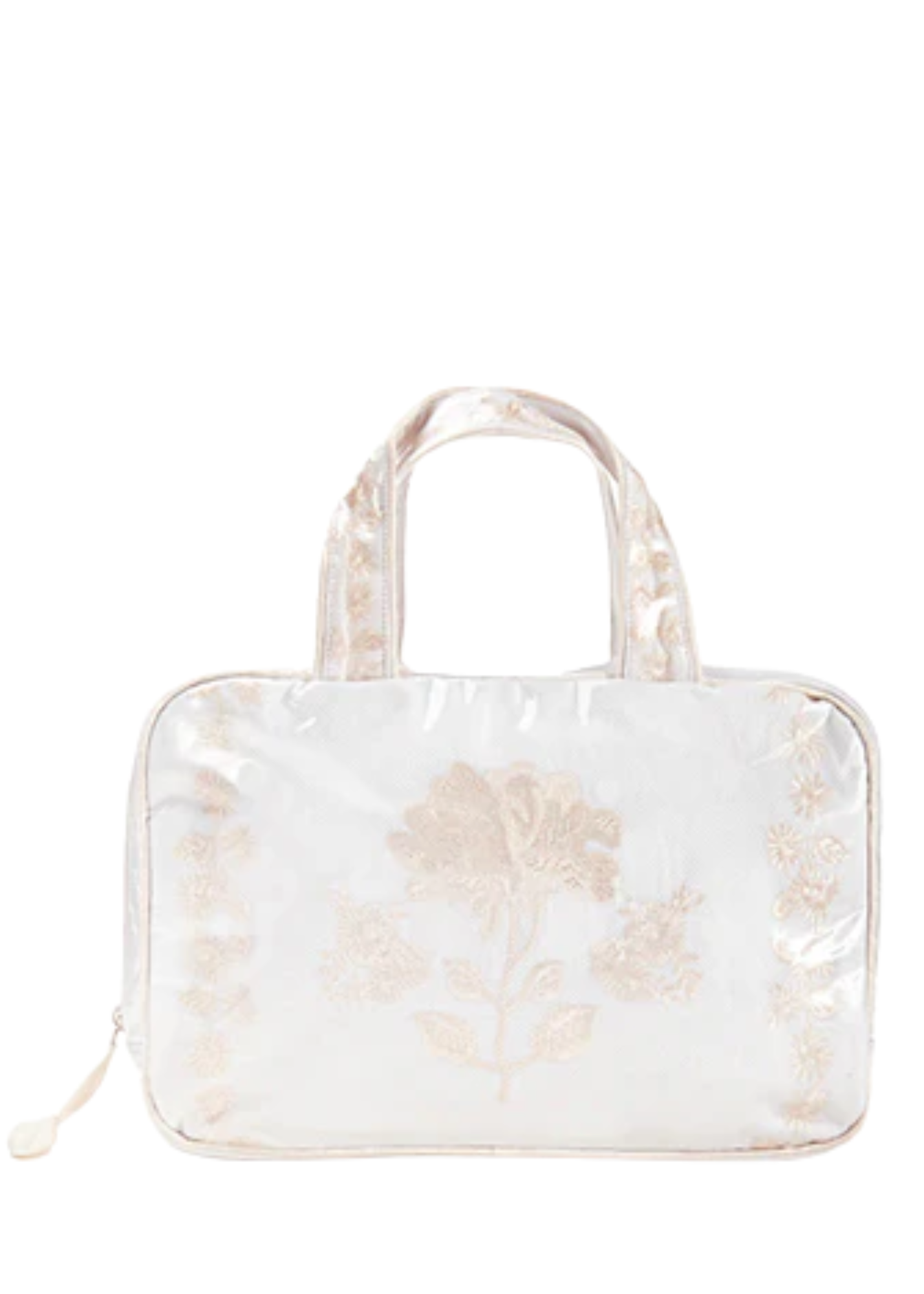 Peony Embroidered Double Handle Cosmetic Bag with Ivory Satin Trim