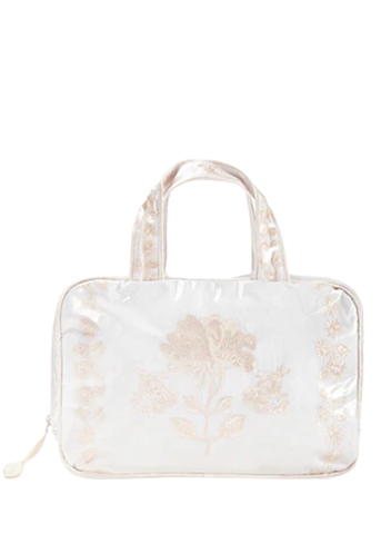 Peony Embroidered Double Handle Cosmetic Bag with Ivory Satin Trim