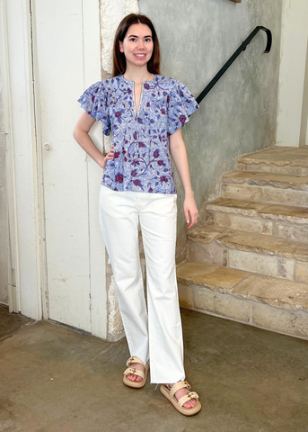Perline Wave Floral Flutter Sleeve Cotton Blouse in Gardenia