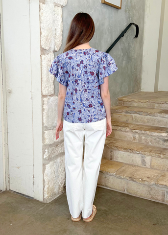 Perline Wave Floral Flutter Sleeve Cotton Blouse in Gardenia