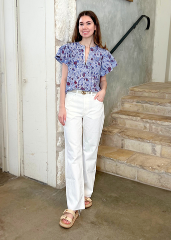 Perline Wave Floral Flutter Sleeve Cotton Blouse in Gardenia