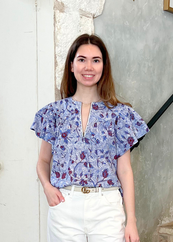 Perline Wave Floral Flutter Sleeve Cotton Blouse in Gardenia