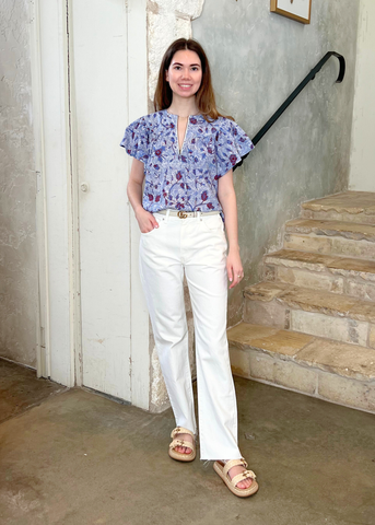 Perline Wave Floral Flutter Sleeve Cotton Blouse in Gardenia