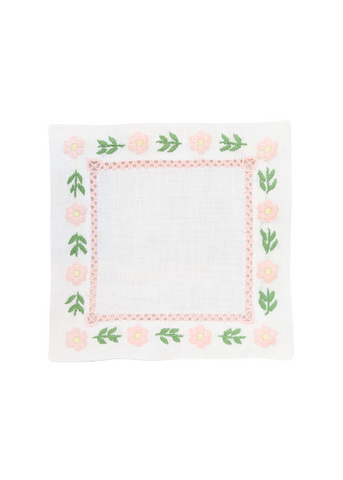 Pink Daisy Border Hand Embroidered White Linen Cocktail Napkin