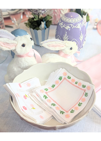 Pink Daisy Border Hand Embroidered White Linen Cocktail Napkin