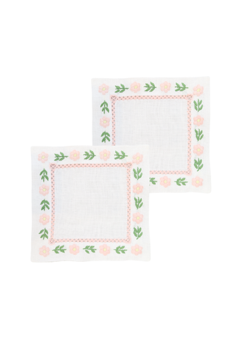 Pink Daisy Border Hand Embroidered White Linen Cocktail Napkin
