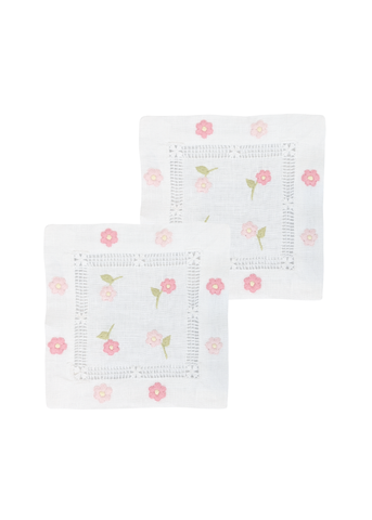 Pink Dancing Daisy Border Hand Embroidered White Linen Cocktail Napkin