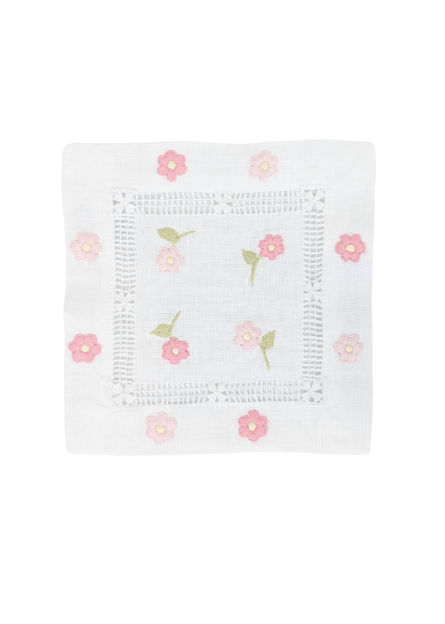 Pink Dancing Daisy Border Hand Embroidered White Linen Cocktail Napkin