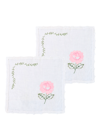 Pink Garden Rose Hand Embroidered White Linen Cocktail Napkin