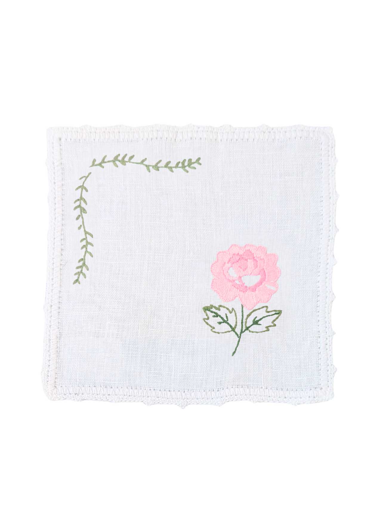 Pink Garden Rose Hand Embroidered White Linen Cocktail Napkin