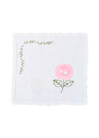 Pink Garden Rose Hand Embroidered White Linen Cocktail Napkin