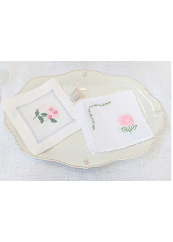 Pink Garden Rose Hand Embroidered White Linen Cocktail Napkin