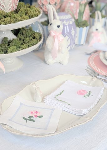 Pink Garden Rose Hand Embroidered White Linen Cocktail Napkin
