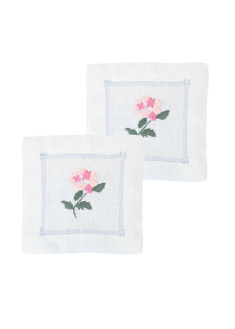 Pink Hydrangea Hand Embroidered White Linen Cocktail Napkin