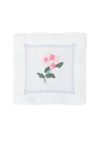 Pink Hydrangea Hand Embroidered White Linen Cocktail Napkin