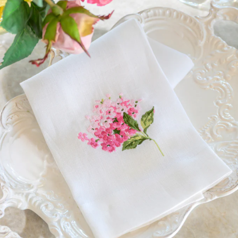 Pink Hydrangea Embroidered Linen Tea Towel