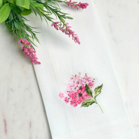 Pink Hydrangea Embroidered Linen Tea Towel