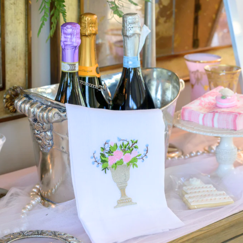 Pink Rose Urna Embroidered Linen Tea Towel