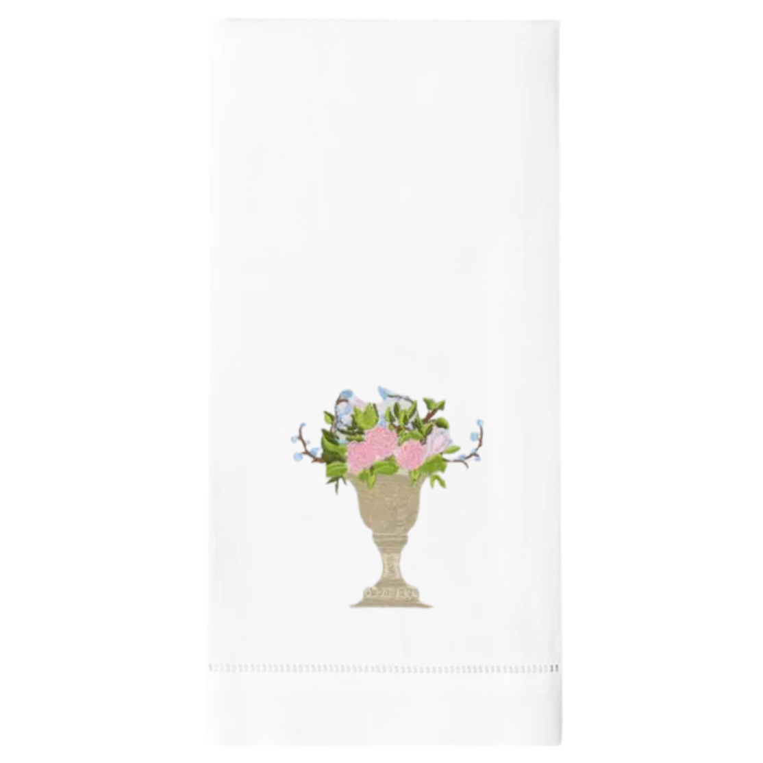 Pink Rose Urna Embroidered Linen Tea Towel