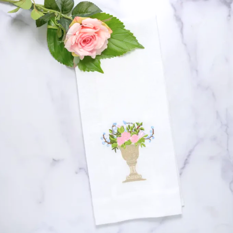 Pink Rose Urna Embroidered Linen Tea Towel