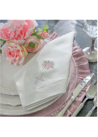 Pink Topiary Embroidered Linen Dinner Napkin
