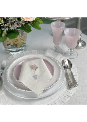 Pink Topiary Embroidered Linen Dinner Napkin