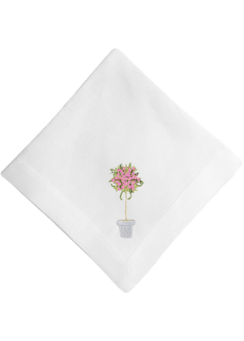 Pink Topiary Embroidered Linen Dinner Napkin
