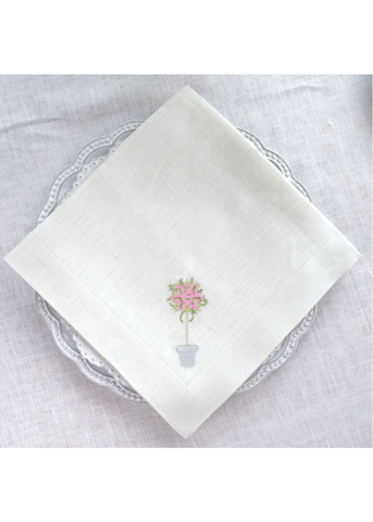 Pink Topiary Embroidered Linen Dinner Napkin