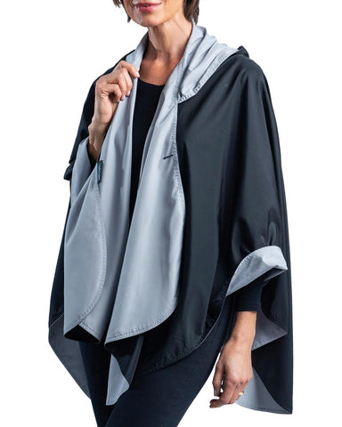 Women's Hooded Rain Cape In Black + Pewter