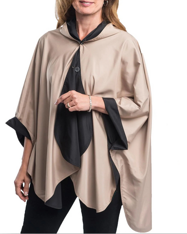 Women's Hooded Rain Cape In Black + Camel