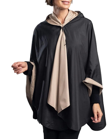Women's Hooded Rain Cape In Black + Camel