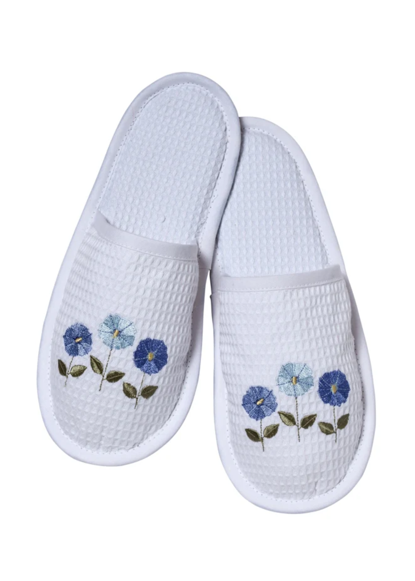 Row of Flowers White Waffle Slippers in Blue