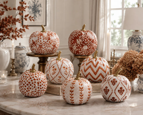 Hand Painted Metal Pumpkin Collection in White + Rust