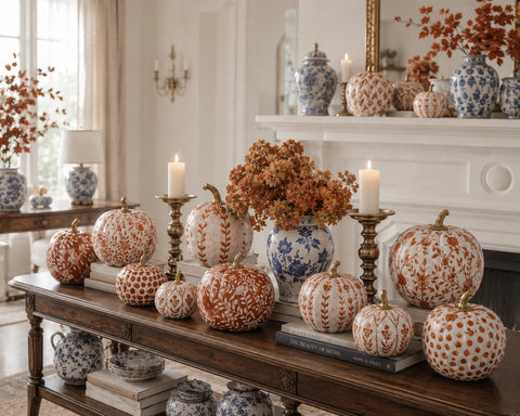 Hand Painted Metal Pumpkin Collection in White + Rust