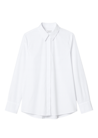 Long Sleeve Stretch Cotton Poplin Oxford Shirt with Chain Detail in Flash White