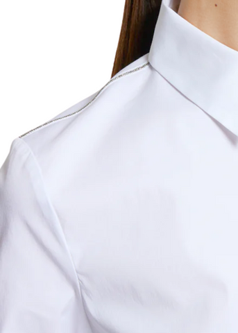 Long Sleeve Stretch Cotton Poplin Oxford Shirt with Chain Detail in Flash White