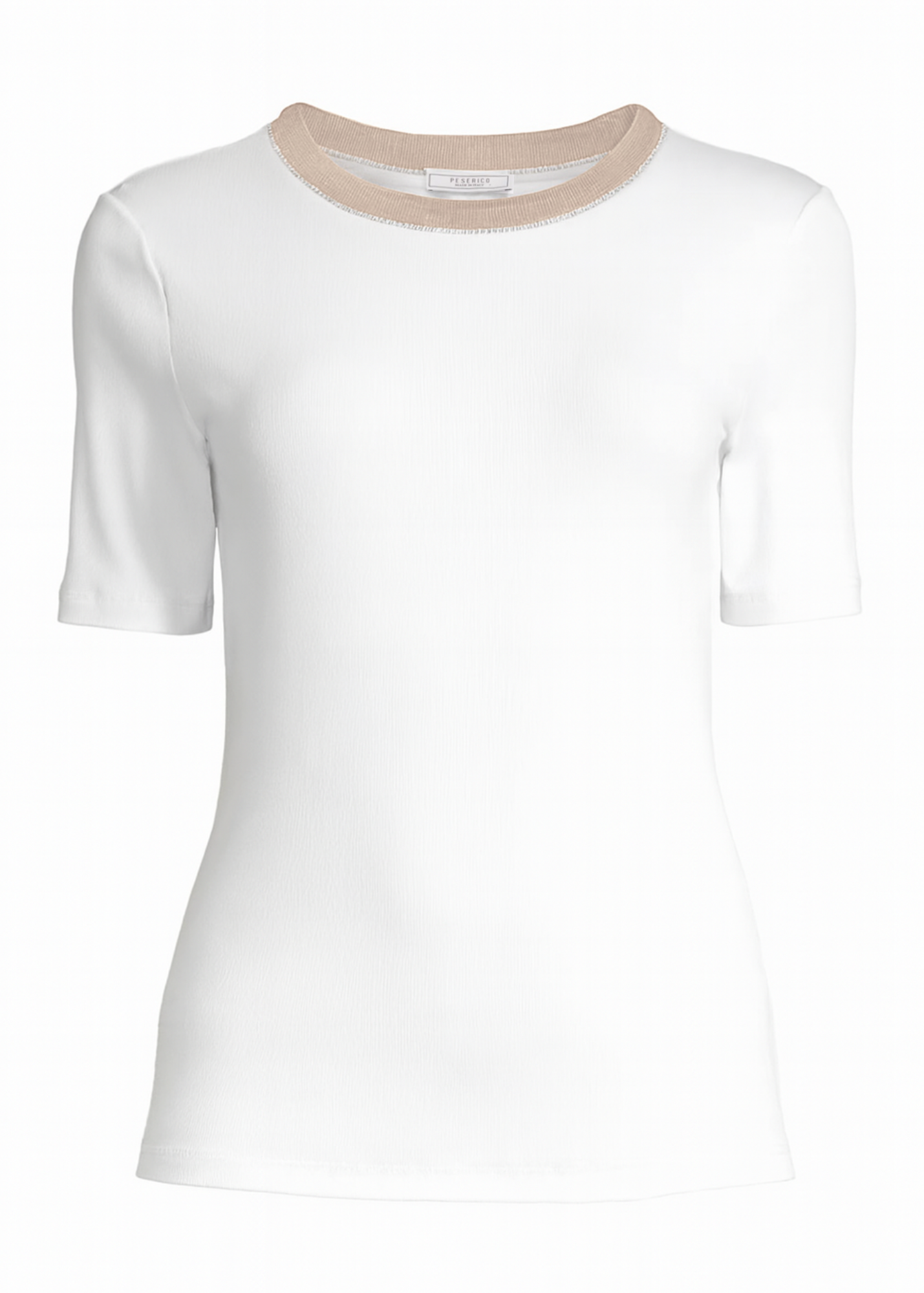 Short Sleeve Stretch Microrib Jersey T-Shirt with Chain Accents + Contrast Collar in Flash White