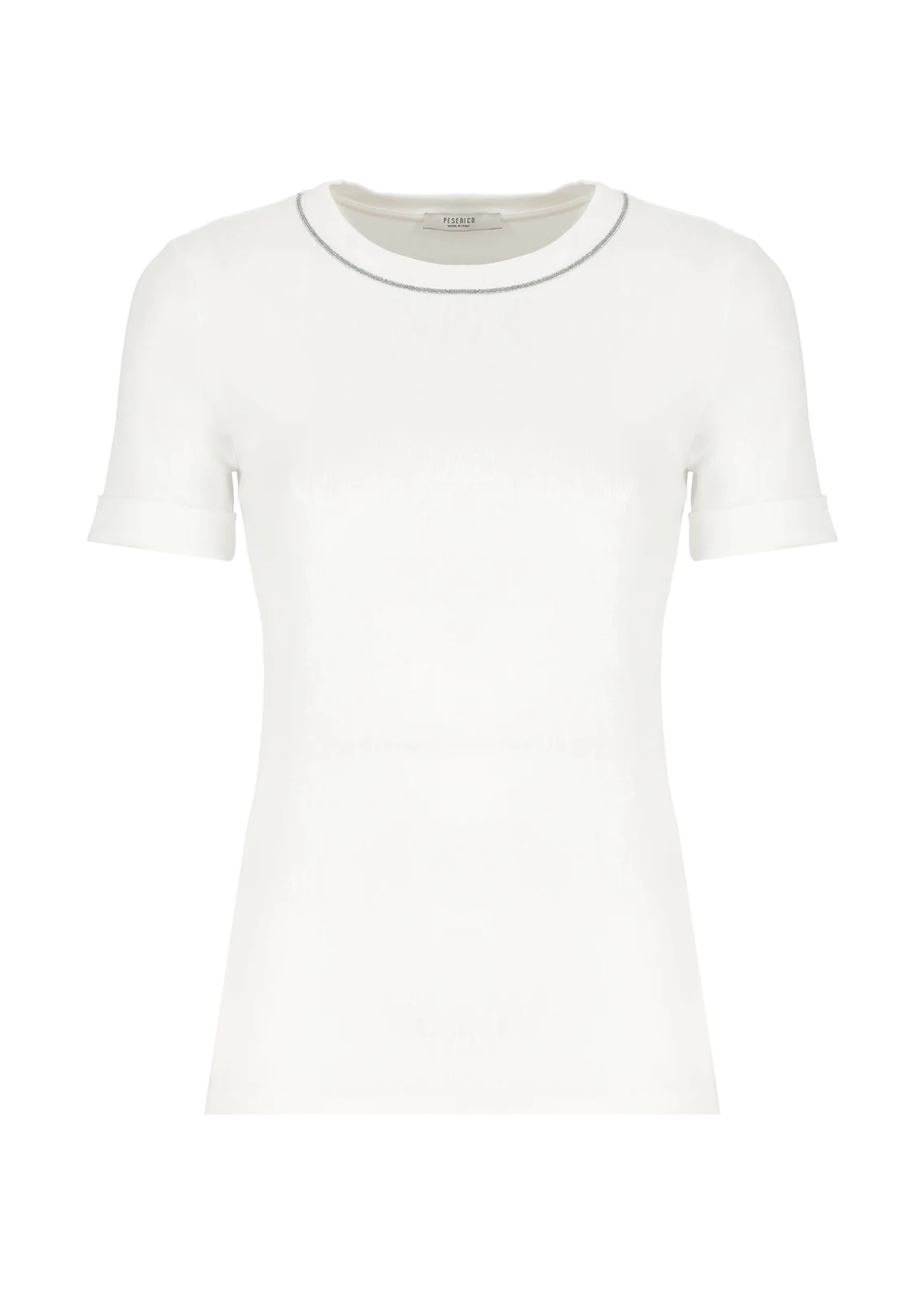 Short Sleeve Stretch Microrib Jersey Crewneck T-Shirt with Chain Accents in Flash White